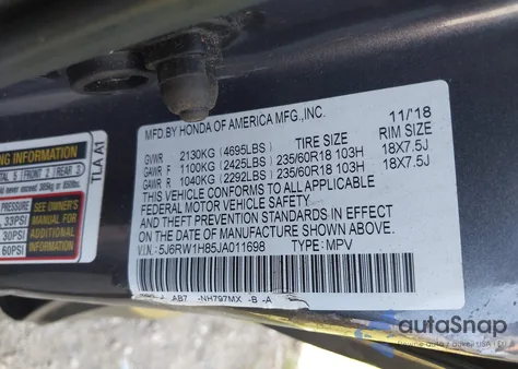 2018 Honda Cr-V Ex-L/Ex-L Navi из США, поврежденный, VIN 5J6RW1H85JA011698